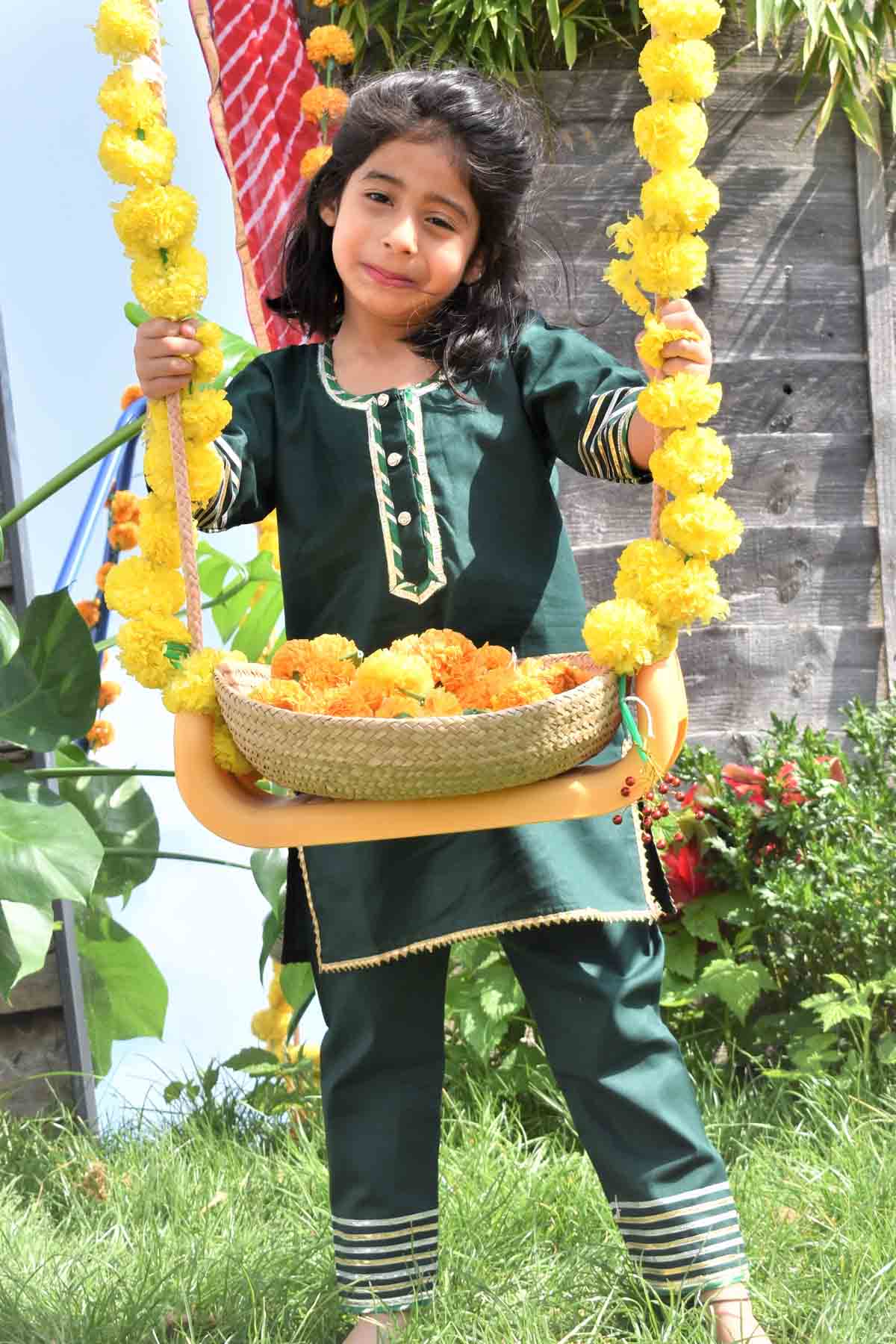 Designer ViYa Dark Green Embellished Kurta Set For Kids Available online at ScrollnShops